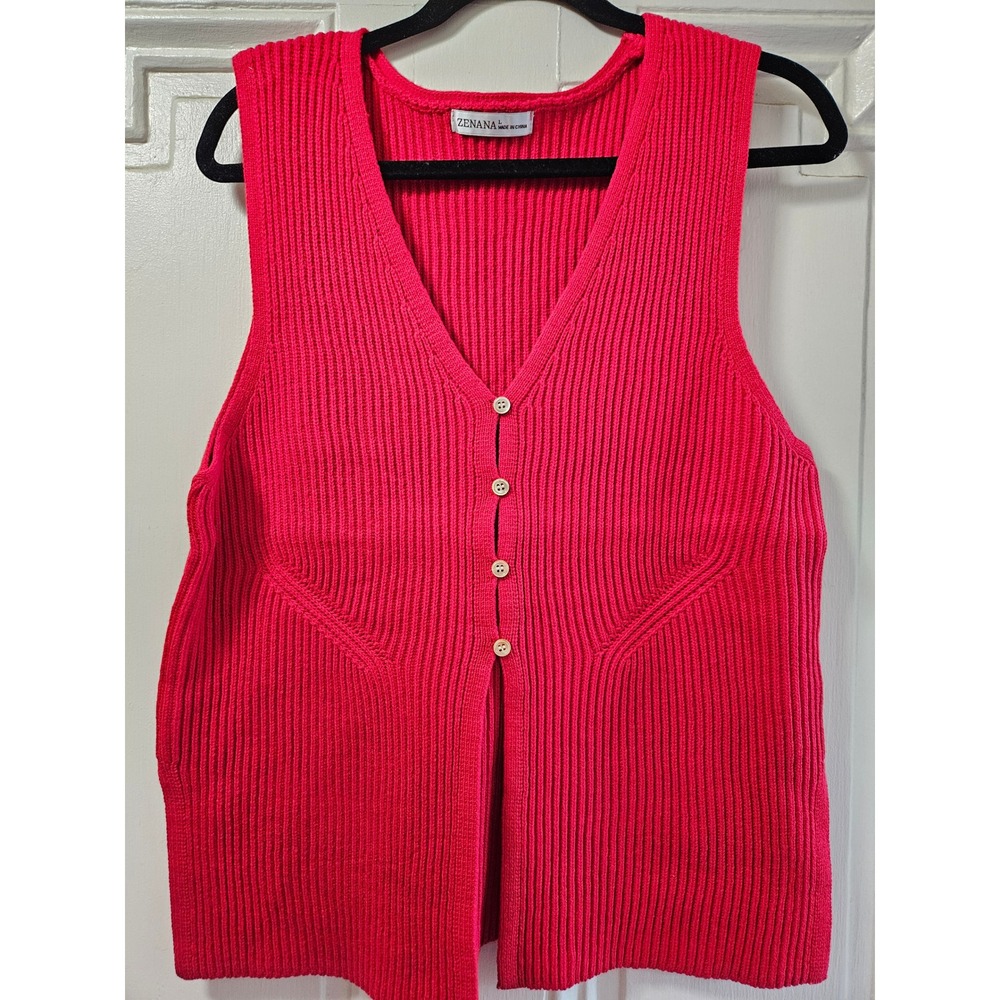 Zenana Red Ribbed Knit Sweater Vest V-Neck Button Front Sleeveless Cardigan L